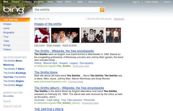 Clicca per ingrandire La ricerca per gli Smiths in Bing